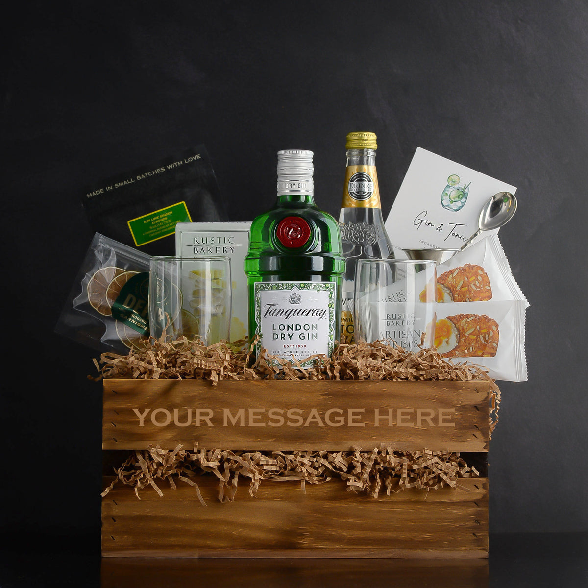 The best Tanqueray Gin and Tonic Gift Basket Set by Elevated Spirit Shop for birthdays, corporate gifts, holidays, gin lovers, and thank-you