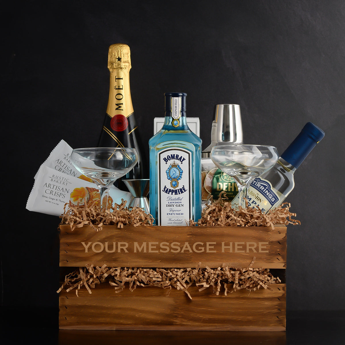 Bombay Sapphire Gin French 75 Gift Set; Champagne Gift Baskets for closings or birthdays