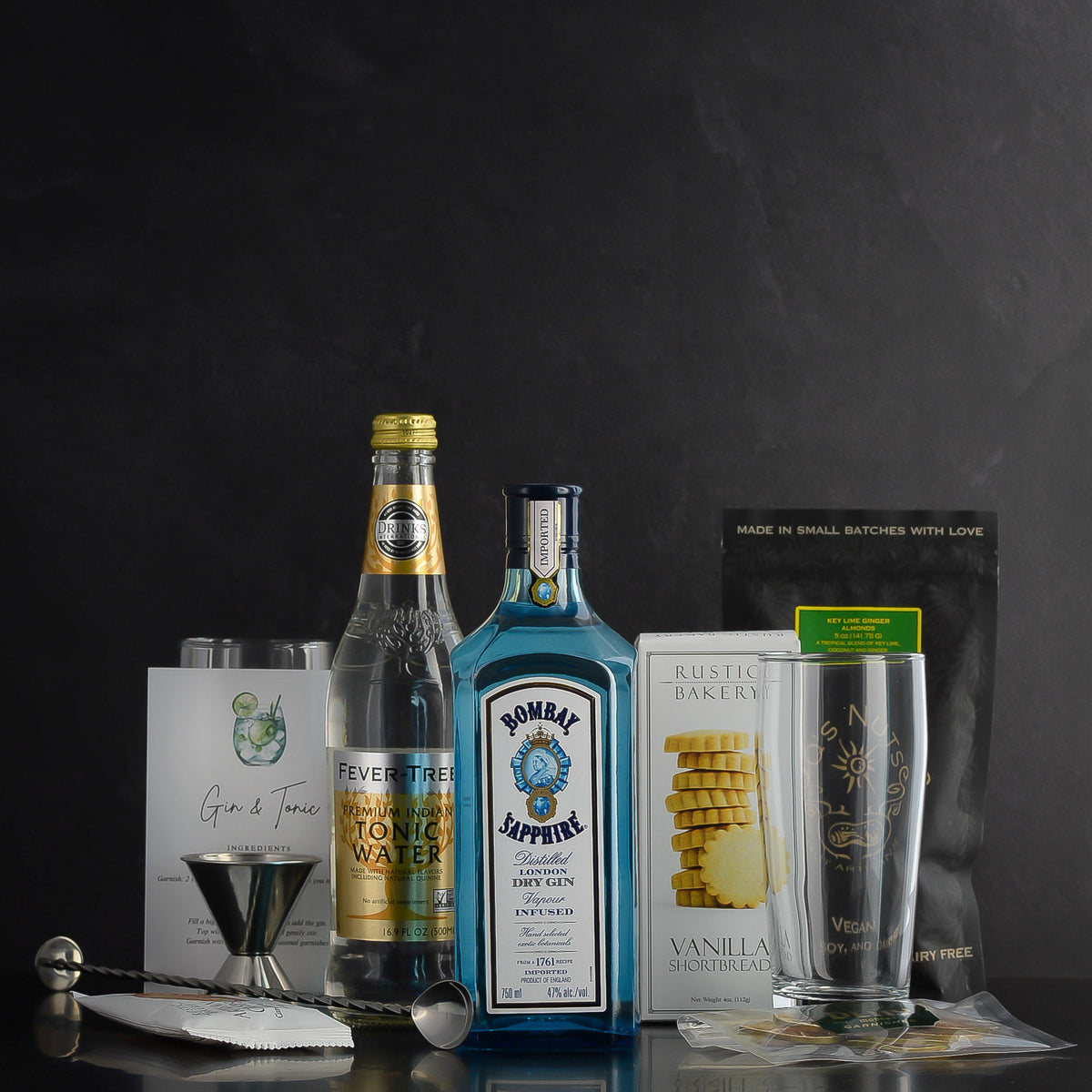 Luxury Bombay Sapphire Gin and Tonic Gift Basket by Elevated Spirit Shop for birthdays, corporate gifts, holidays, gin lovers