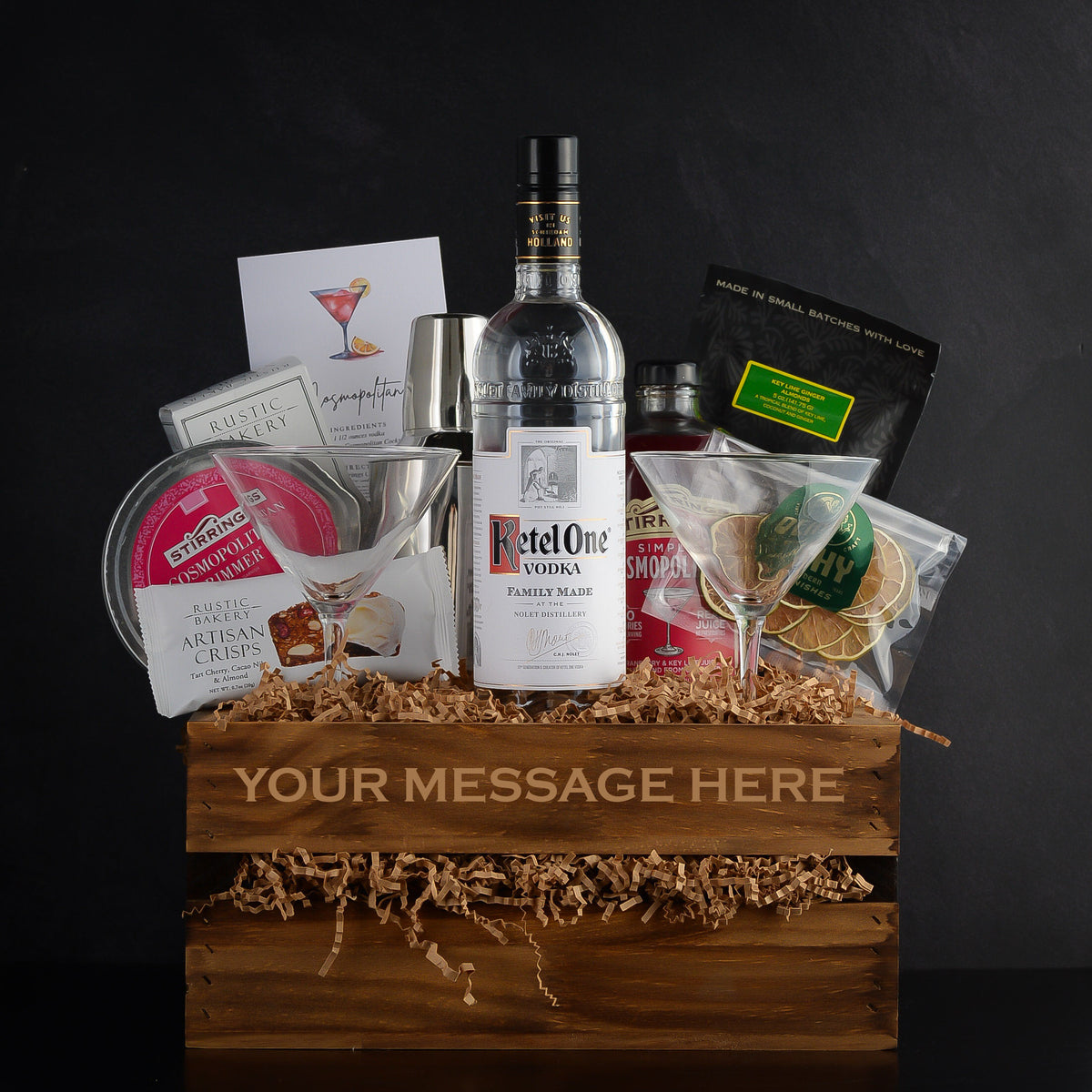 Ketel One Gift Basket Set for birthdays, anniversaries, holidays, closings, or any vodka lover