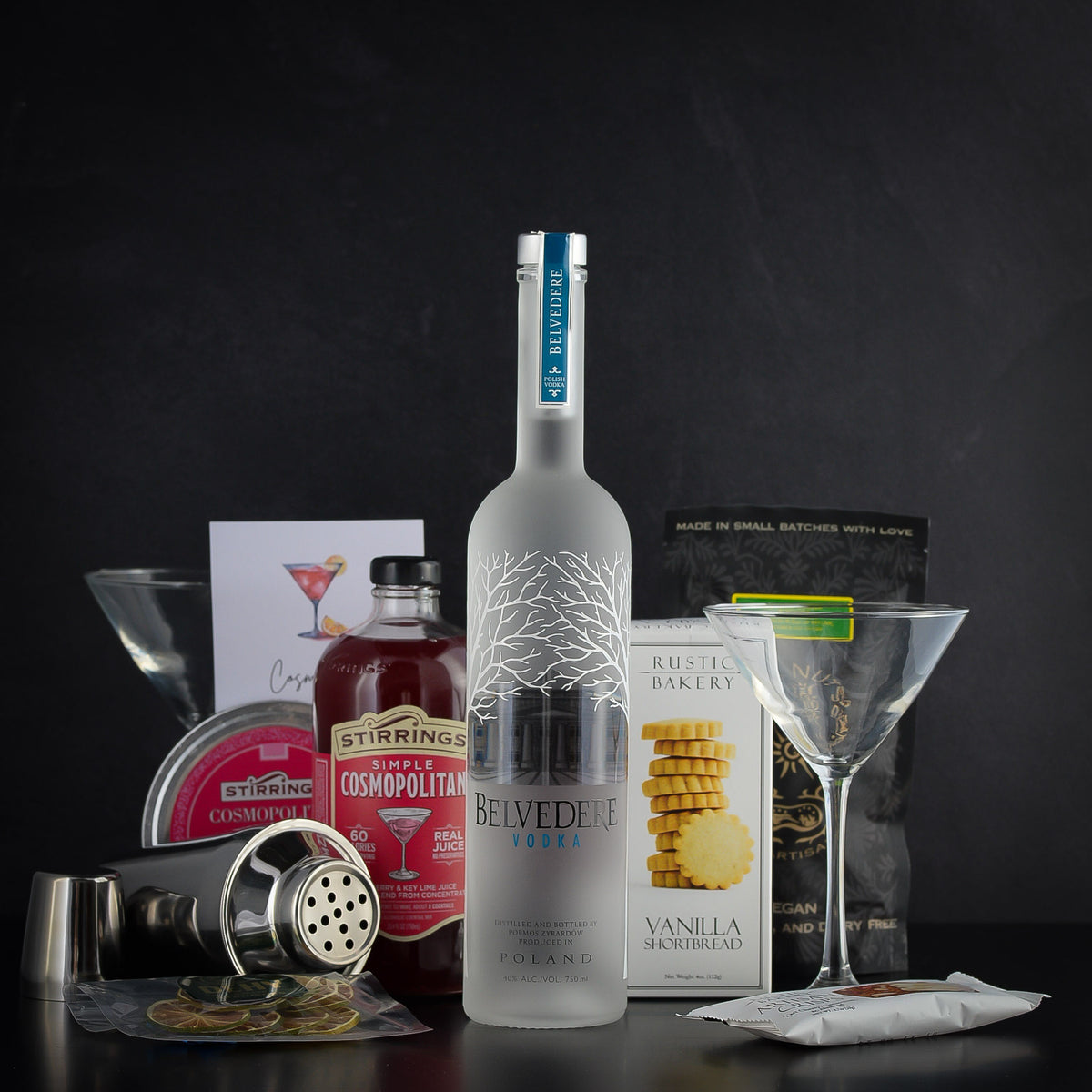 Belvedere Vodka Cosmopolitan Cocktail Gift Basket Set for birthdays, anniversaries, closings, or any vodka lover